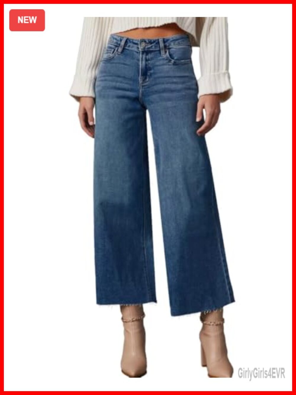 High Waisted Wide Leg Ripped Capri Jeans Stretch Denim Frayed Hem